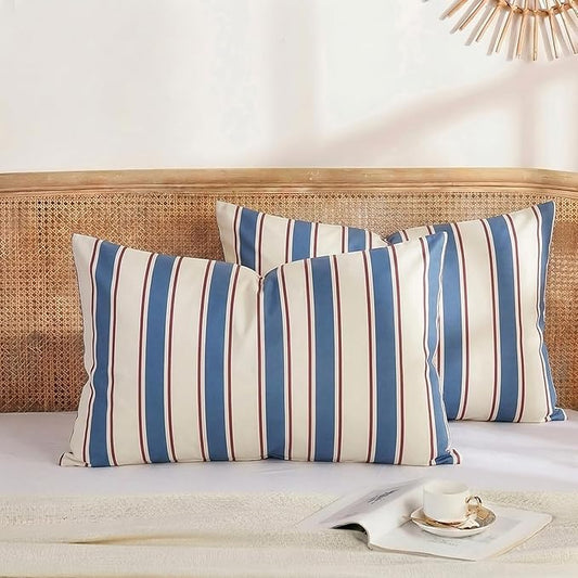 Merryword White and Blue Striped Pillowcases, 100% Cotton Pillow Cases, King Size Pillowcases, Luxury Linen Like Pillowcase, Soft Breathable Stripe Pillow Covers, Set of 2