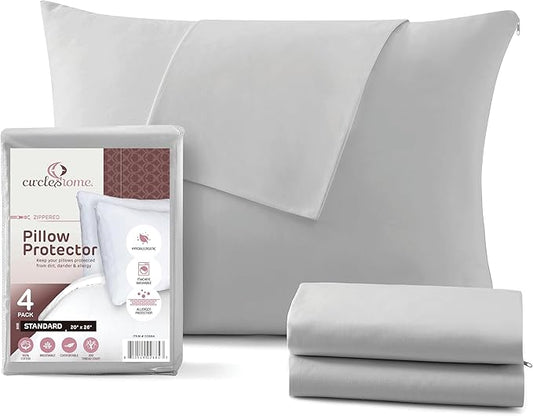 CirclesHome Pillow Protectors 4 Pack Standard Zippered - 100% Cotton Breathable Pillowcases - Protects Pillows from Dirt, Dust and Debris (Standard - Set of 4 - 20x26)
