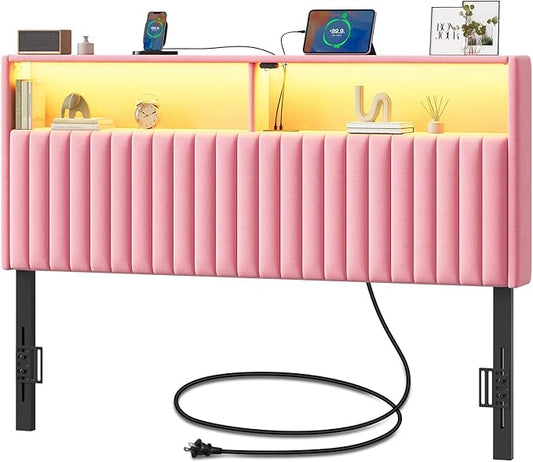 Rolanstar Headboard for Queen Size Bed with Storage, Head Board with USB & Type C Port, 60,000 DIY Color of LED Light, Velvet Upholstered, Height Adjustable, Sturdy, Easy Assembly, Pink