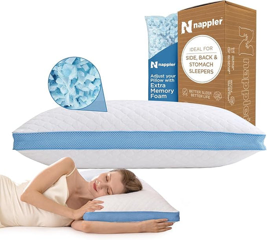 Nappler Side and Back Sleeper Pillow for Neck and Shoulder Pain Relief - Shredded Memory Foam Bed Pillow for Sleeping - 100% Adjustable Fill - Standard Size Modal Washable Case. Extra Fill Included