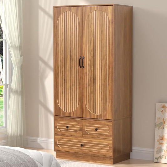 Jluomei Armoire Wardrobe Closet with Doors, Wardrobe Cabinet with 3 Drawers, Wooden Large Clothing Storage Cabinet with Hanging Rod and Shelf, Mid-Century Modern Tall Closet for Bedroom, Walnut | with Doors, Wardrobe Cabinet, with 3 Drawers, with Hangi...