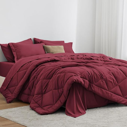 Love's cabin Queen Comforter Set Burgundy, 7 Pieces Queen Bed in a Bag, All Season Bedding Sets with 1 Comforter, 1 Flat Sheet, 1 Fitted Sheet, 2 Pillowcase and 2 Pillow Sham | Soft, Breathable, Lightweight, Comfortable