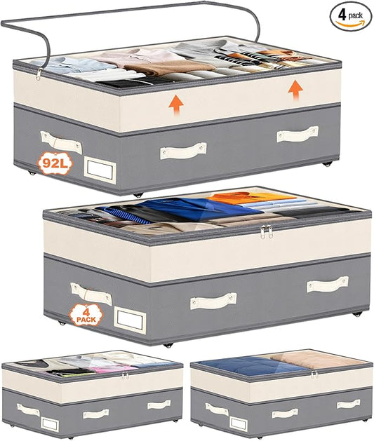 Dolicer 4 Pack Under Bed Storage with Wheels, 6in-10in Height Adjustable Underbed Storage Containers, 92L XXXL Under Bed Drawers Rolling Bin with Clear Lids for Dorm Shoes Clothes Organizers(Grey)