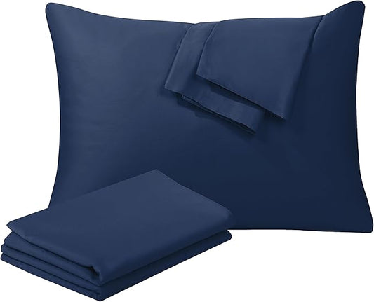 100% Egyptian Cotton Queen Pillow Protectors Set of 4, 400 Thread Count Sateen Weave Cooling Pillowcase, Easy Care Zippered Style Pillow Covers (4 Pack, Navy Blue,Queen)