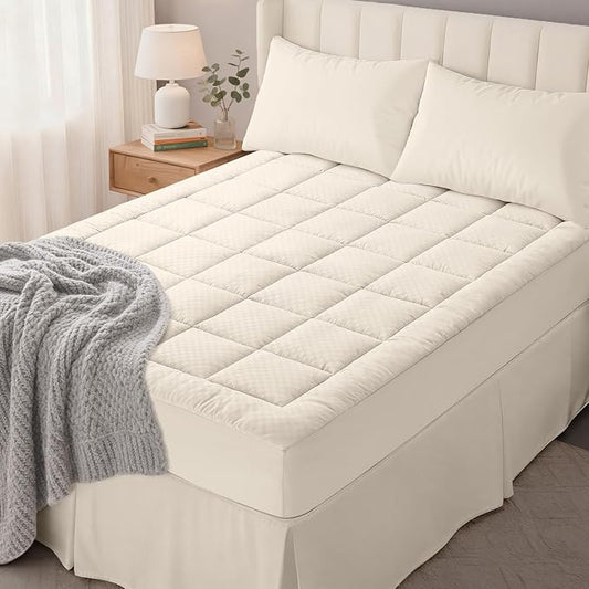 OLANLY Cal King Quilted Fitted Mattress Pad, Elastic Fitted Mattress Topper, Cooling Soft Mattress Cover Stretches up to 21 Inches Deep, Machine Washable Mattress Protector (72x84 inch, Ivory White)