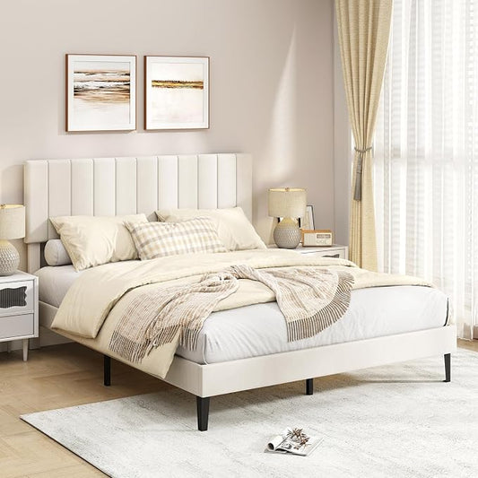 Giantex Queen Size Velvet Upholstered Bed Frame, Platform Bed with Height Adjustable Vertical Channel Headboard, Wooden Slats Support Mattress Foundation, No Box Spring Needed, Noise Free, Beige