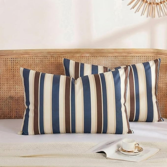 Merryword 100% Cotton Pillow Cases, Queen Size Pillowcases, Blue Striped Pillowcases, Luxury Linen Like Pillowcase, Soft Breathable Cabana Stripes Pillow Covers, Set of 2