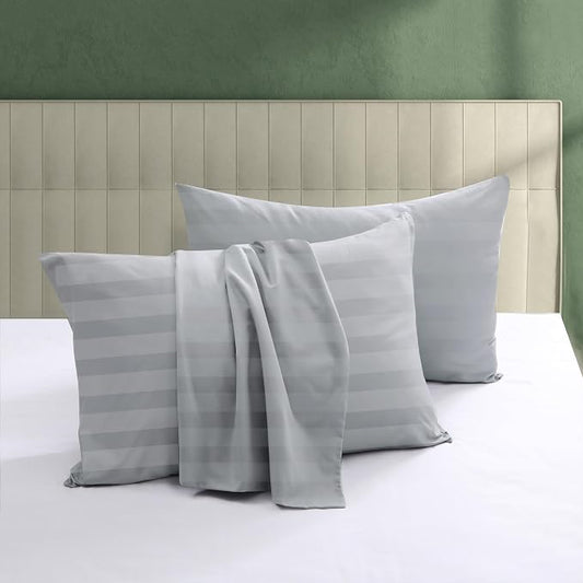 100% Egyptian Cotton Pillow Protectors Set of 2, 600 Thread Count King Size Bed Pillow Cases with Zipper, Sateen Weave Cooling Pillow Cases Quiet and Breathable Easy Care (2PCS, Striped Gray)