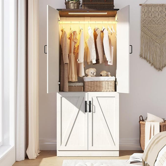 Hlivelood 75" Tall Farmhouse 2 Doors Armoire Wardrobe Closet with LED,Freestanding Closet Wardrobe Cabinet for Bedroom with Hanging Rod,Wooden Armoire Storage Cabinet Adjustable(Rustic Off White)