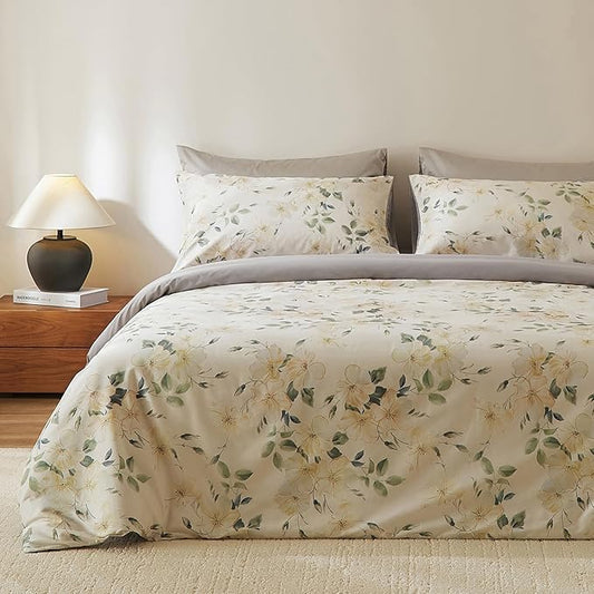 VM VOUGEMARKET Magnolia Flower Duvet Cover Set Queen,Long Staple Cotton Bedding Set,Shabby Chic Silky Smooth Sateen Duvet Cover with 2 Pillocases for Spring & Summer