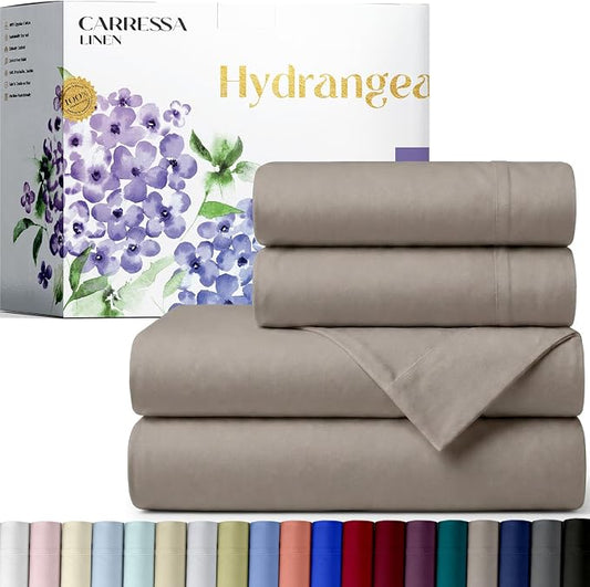 Carressa Linen 100% Egyptian Cotton Full Size Sheets - 600 Series Hydrangeas Collection Full Size Egyptian Cotton Sheets (4 PC, Taupe), 16" Deep Pocket Sateen Weave Luxury Hotel Bed Sheet Set