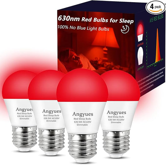 630nm Red Sleep Bulb Dimmable, 100% Blue Light Blocking, Promotes Melatonin Production, E26 A15 LED 5W Red Dim Night Light for Baby's Bedroom, Sleeping, 4Pack