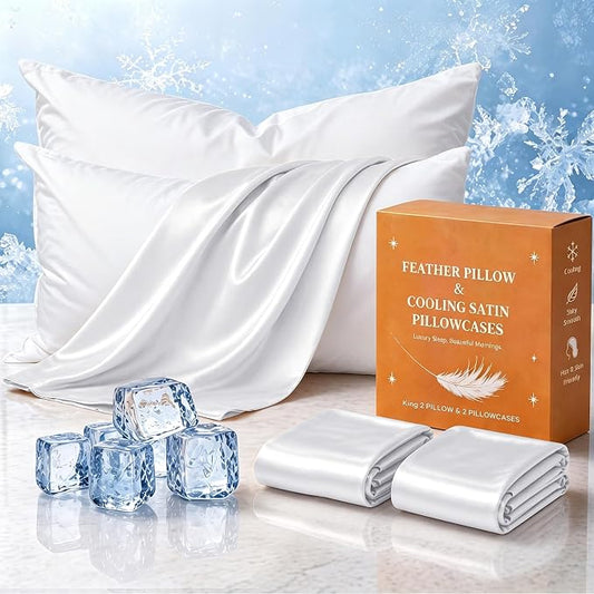 BHZ White Satin Goose Down Feather Pillows King Size Set of 2 with Pillowcase for Hair and Skin, Cooling Pillow Cases Similar to Silk Pillow Cases, Decorative for Women, Mom Men