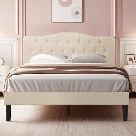 VECELO Full Size Bed Frame Upholstered Platform with Tufted Adjustable Headboard/Mattress Foundation with Wood Slat Support, Easy Assembly,Beige