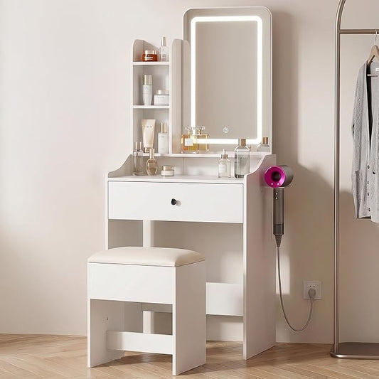 DUMOS Makeup Vanity Desk, Vanity Table Set with Mirror and Lights, Small Vanity with Storage Bench, Charging Station and Hair Dryer Holder, Dressing Table with Drawer and Three Shelves, White
