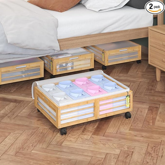 Bamboo Underbed Storage Containers with Wheels & Bag 2 Pack, Large Under Bed Rolling Storage Bins Wood Under Bed Clothes Storage Stackable Drawers for Bedroom Closet Under Crib Toy(Natural)