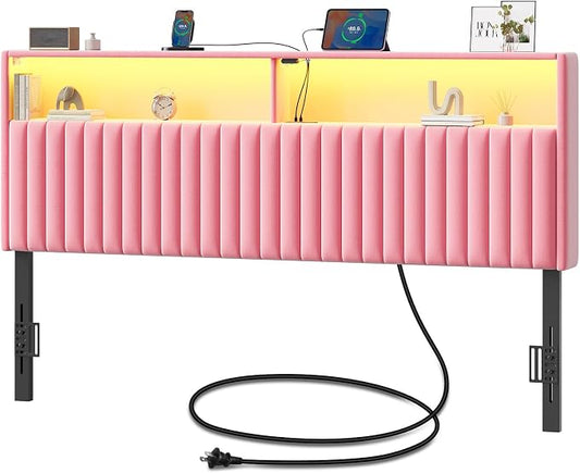 Rolanstar Headboard for King Size Bed with Storage, Head Board with USB & Type C Port, 60,000 DIY Color of LED Light, Velvet Upholstered, Height Adjustable, Sturdy, Easy Assembly, Pink
