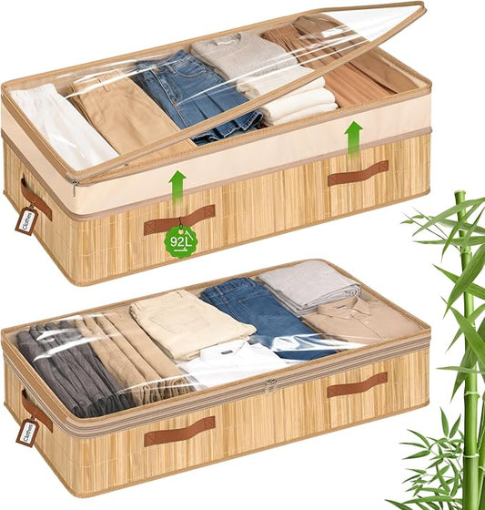 Livole Bamboo Under Bed Storage, 6-10 inches Height Adjustable Underbed Storage Containers, 92L XXXL Large Under Bed Storage Bins with Clear Lid & Label for Clothes, Blankets, Sweater, Shoes, 1 Pack