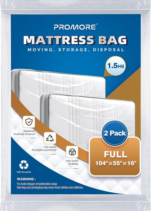 2PK Plastic Mattress Bag for Disposal Moving or Storage - Full Size (1.5Mil), Waterproof Mattress Covers for Moving Supplies