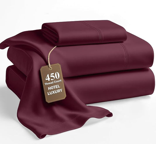 LANE LINEN Twin Sheet Set - 450 Thread Count Premium Sateen Weave for Silky Feel On Skin - Cooling Sheets for Deep Sleep - Securely Fits Mattresses Upto 15'' Deep - Oeko Tex Certified - Windsor Wine
