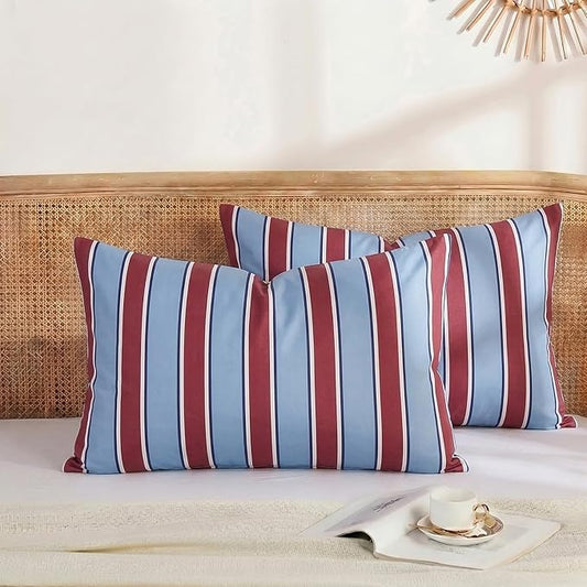 Merryword Burgundy and Blue Striped Pillowcases, 100% Cotton Pillow Cases, Standard Size Pillowcases, Luxury Linen Like Pillowcase, Soft Breathable Stripe Pillow Covers, Set of 2