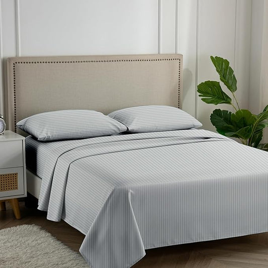 Carressa Linen Luxury Egyptian Cotton California King Stripe Sheet Set - 600 Series Hydrangeas Collection Long Staple (4 PC, Silver), Cal King Upto 18 in Deep Pocket, Soft Cooling Sateen Sheets