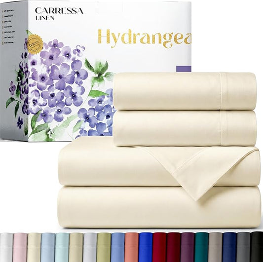 Carressa Linen 100% Egyptian Cotton Queen Sheet Set - 600 Series Hydrangeas Collection Egyptian Cotton Queen Sheets Set (4 PC, Ivory), 16" Deep Pocket Sateen Weave Luxury Hotel Bed Sheet