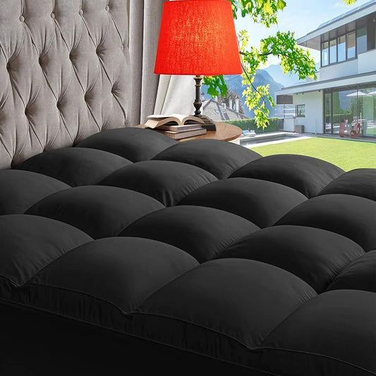 ABENE Mattress Topper Queen for Back Pain Relief, Extra Thick Mattress Pad Pillowtop, Soft Mattress Protector Cover with 8"-21" Deep Pocket, Overfilled Down Alternative Filling (Black, Queen)