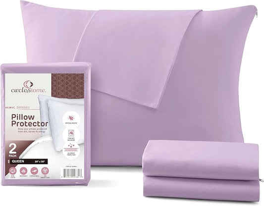 CirclesHome Pillow Protectors 2 Pack Queen Zippered - 100% Cotton Breathable Pillowcases - Protects Pillows from Dirt, Dust and Debris (Queen- Set of 2 - 20x30)