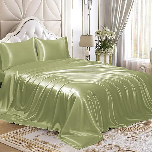 Homiest 4pcs Satin Sheets Set Luxury Silky Satin Bedding Set with Deep Pocket, 1 Fitted Sheet + 1 Flat Sheet + 2 Pillowcases (King Size, Sage Green)