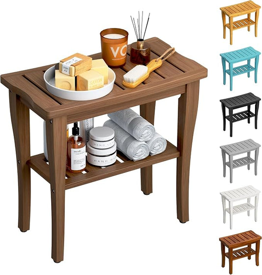 Bamboo Shower Bench Stool with Storage Shelf, Waterproof Shower Chair Spa Bath Seat, Shower Stool for Inside, Bathroom Bench Seat for Adults Elderly Seniors for Indoor or Outdoor Use(Walnut)
