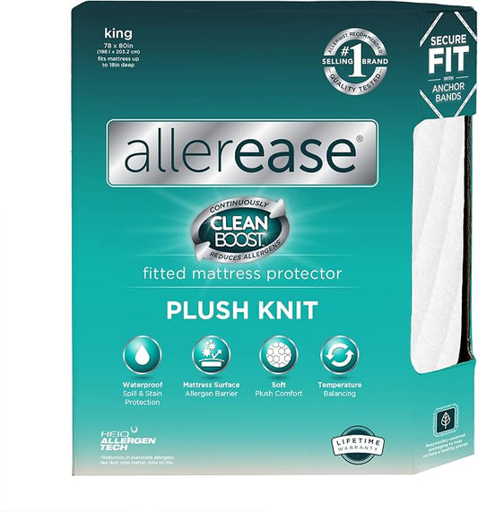 AllerEase CleanBoost Plush Knit Mattress Protector Waterproof Particle Barrier Temperature Balancing Soft Plush Comfort Machine Washable Fitted Cover with Elastic Anchor Bands Mattress Cover, King