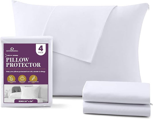 CirclesHome Pillow Protectors 4 Pack King Zippered - 100% Cotton Breathable Pillowcases - Protects Pillows from Dirt, Dust and Debris (King - Set of 4 - 20x36)