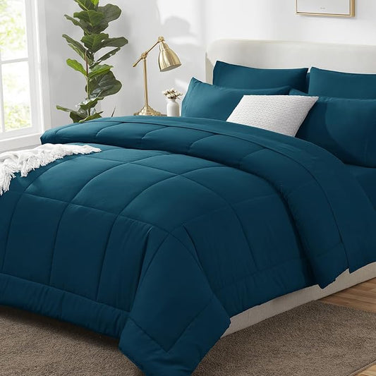 CozyLux Oversized Queen Comforter Sets Lyons Blue, 7 Pieces Bed in a Bag, Ultra-Soft All Season Bedding Sets with Stitch Quilted Comforter, Flat Sheet, Fitted Sheet, Pillowcases