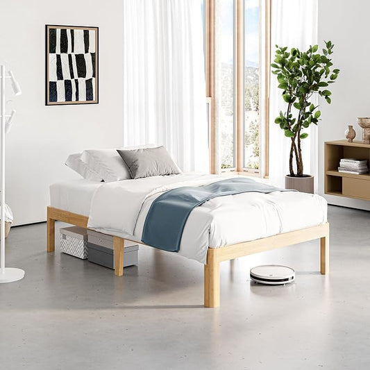 14 Inch High Bamboo Wood Twin XL Bed Frame Platform, Metal Slat Support XL Twin Bed Frame, No Box Spring Needed, Easy Assembly, Noise Free, Reinforced