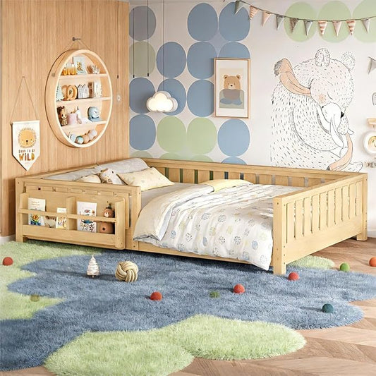 Bellemave Queen Floor Bed Frame with Fence & Bookshelf, Solid Wood Montessori Floor Bed Frame Queen with Slats Load 550LBS, Low Floor Bed for Kids, Bedroom, Nursery, Easy Assembly, Natural
