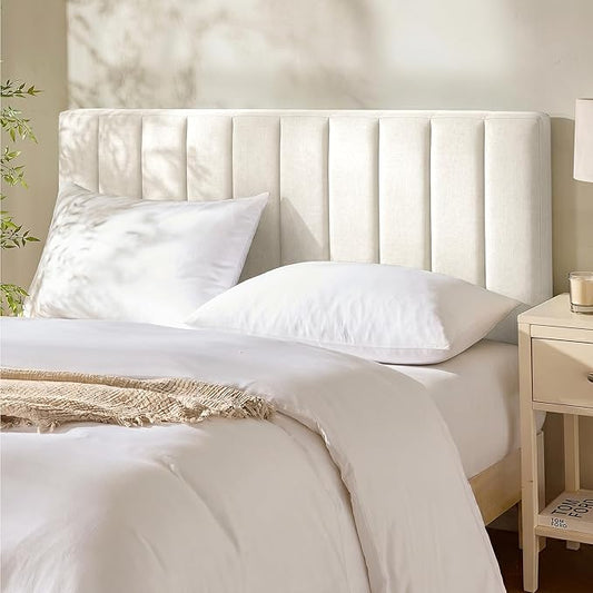 Upholstered King Headboard - Easy Assemble Channel Stitched Headboard King Size Bed - Wall Mounted Headboards with 3D Soundproof Wall Panels Peel & Stick Floating Headboards, Off White
