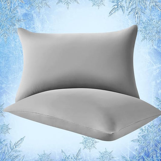Elegear Cooling Pillow Cases for Hot Sleepers, Japanese Q-Max>0.55 Arc-Chill Cooling Pillowcases, Double Sided Elastic Cooling Pillow Covers with Hidden Zipper, Set of 2 - Gray Standard & Queen Size
