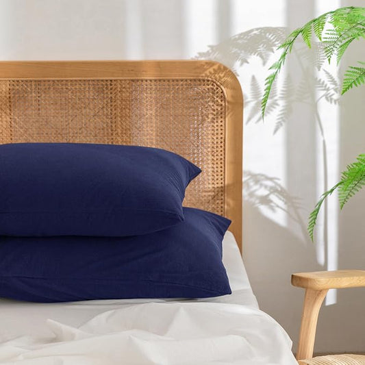 BESTOUCH 100% Washed Cotton Pillowcase for Hair and Skin Linen Feel Soft Comfortable Breathable 2 Set Pillow Case with Envelope Closure Solid Navy Blue Queen 20x30 Inches