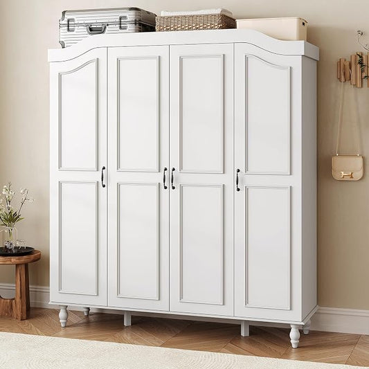 Arched Armoire Wardrobe Closet with 4 Doors, 71" H Wooden Large Capacity Wardrobe Cabinet with 2 Hanging Rods and 8 Shelves, Freestanding Armoire Storage Cabinet for Bedroom, Cloak Room, White