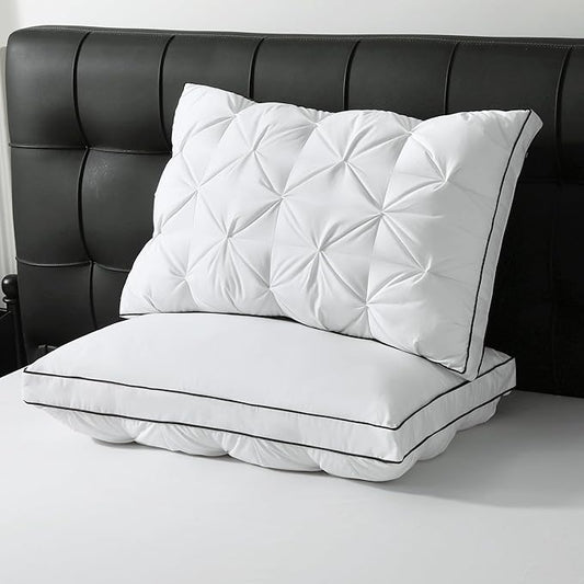 BPC Luxury Goose Feather Down Pillows Queen Size, Gusseted Hotel Bed Pillows for Sleeping, 100% Organic Cotton Cover, Surround Polyester Fill, Soft Fluffy for Sleepers (18"x28" + 2" Gusset, Pack of 2)