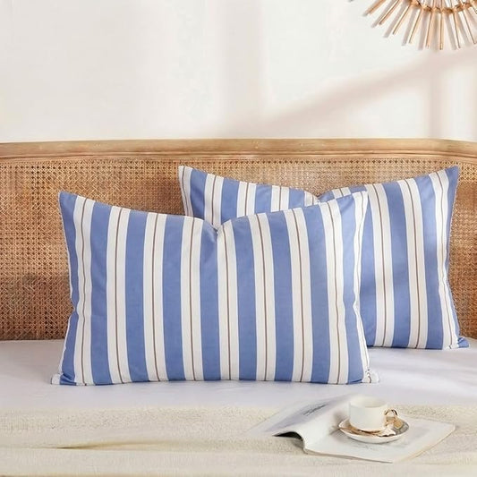 Merryword Blue and White Striped Pillowcases, Queen Size Pillowcases, 100% Cotton Pillow Cases, Luxury Linen Like Pillowcase, Soft Breathable Wide Stripes Pillow Covers, Set of 2