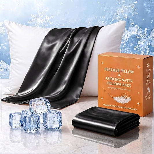 BHZ Black Satin Goose Down Feather Pillows Standard Size with Black Satin Pillowcase for Hair and Skin, Cooling Pillow Cases Similar to Silk Pillow Cases, Decorative for Women, Mom Men