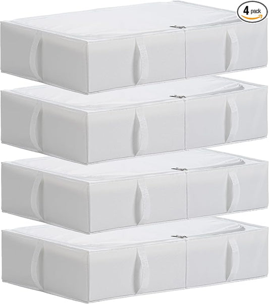 TYEERS Under Bed Storage Containers, Durable Fabric, Washable, Collapsible, Under Bed Storage Bins for Clothes, Blankets, Sheets, Shoes, 27.5x16.5x7 Inches, 4-Pack, White