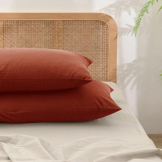 BESTOUCH 100% Washed Cotton Pillowcase for Hair and Skin Linen Feel Soft Comfortable Breathable 2 Set Pillow Case with Envelope Closure Solid Burnt Brick Red Standard 20x26 Inches