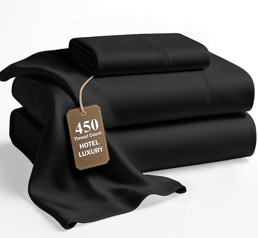 LANE LINEN Twin Sheet Set - 450 Thread Count Premium Sateen Weave for Silky Feel On Skin - Cooling Sheets for Deep Sleep - Securely Fits Mattresses Upto 15'' Deep - Oeko Tex Certified - Black