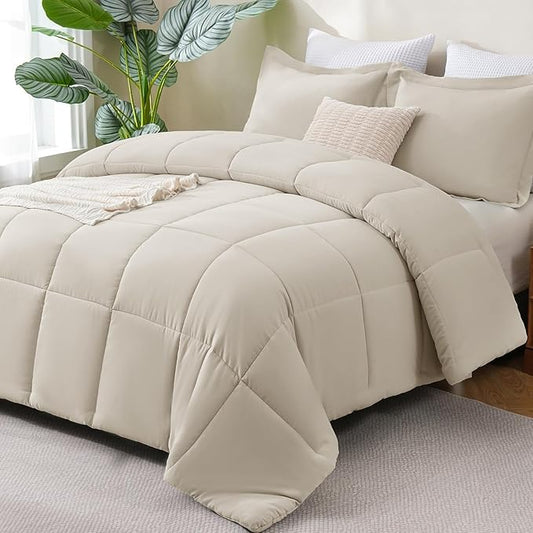 CozyLux King Size Comforter Set - 270GSM Beige Bedding Sets for All Seasons Size, 3 Pieces Box Stitched Bed Set with 1 Down Alternative Comforter and 2 Pillow Shams, Soft, Lightweight, Durable
