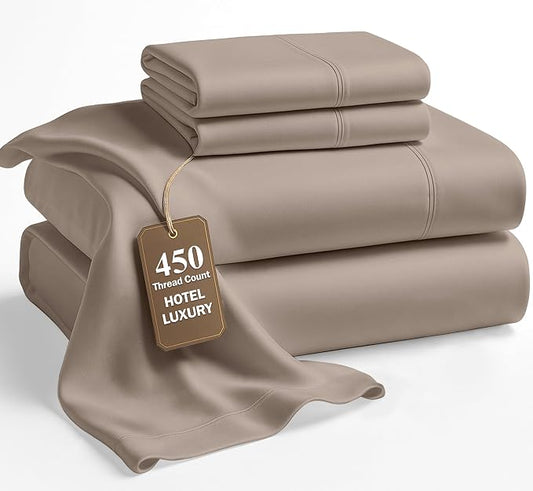 LANE LINEN California King Sheets Set - 450 Thread Count Premium Sateen Weave - Extra Soft & Comfy Cotton Sheets Withelasticisedfitted Sheet for Snug Fit to Mattress - Oeko Tex Certified - Taupe
