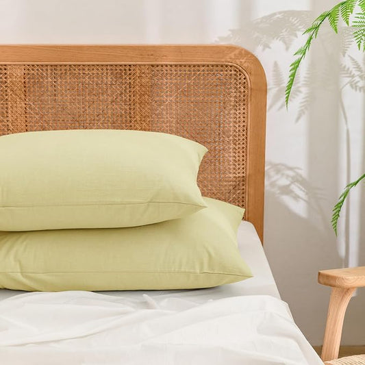 BESTOUCH 100% Washed Cotton Pillowcase for Hair and Skin Linen Feel Soft Comfortable Breathable 2 Set Pillow Case with Envelope Closure Solid Light Yellow Standard 20x26 Inches