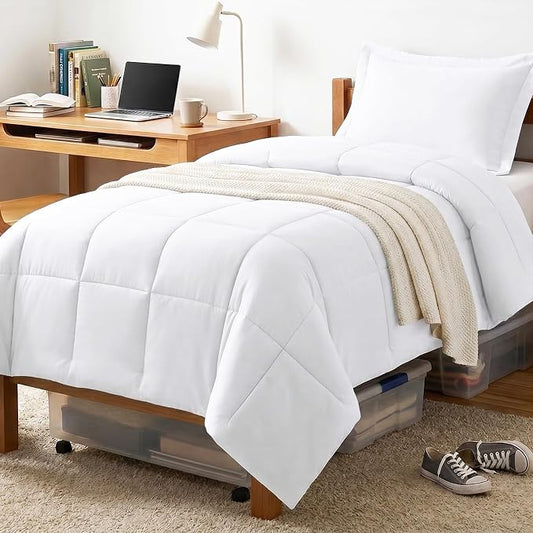 CozyLux Twin/Twin XL Comforter Set White - 270GSM Box Stitched Bedding Set for College Dorm & Back to School, Lightweight All Season for Teen Boys, Girls, 2 Pcs with Comforter and Pillow Sham